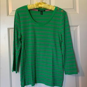 Ralph Lauren Green and Pink Striped Brass Button Shoulder Top size L